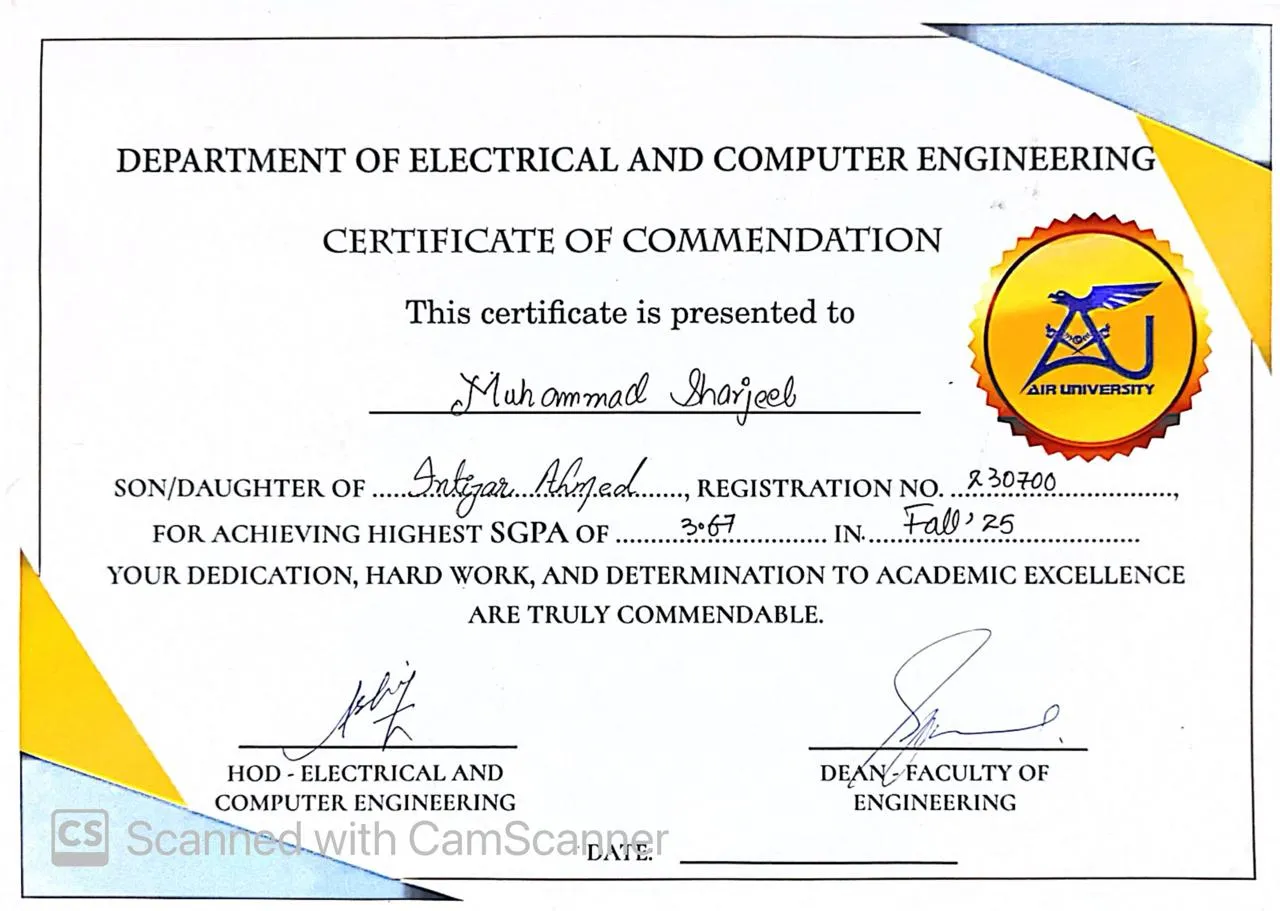 Original Air University Certificate of Commendation for Muhammad Sharjeel, Fall 2025.