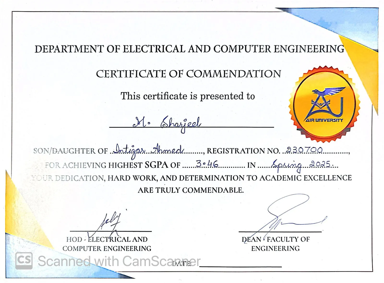 Original Air University Certificate of Commendation for M. Sharjeel, Spring 2025.