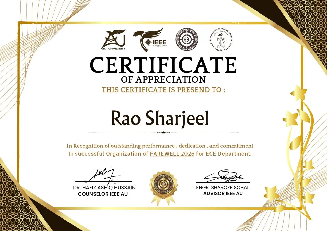 Certificate of Appreciation for organising Farewell 2026 in the ECE department; the printed recipient name is Rao Sharjeel.