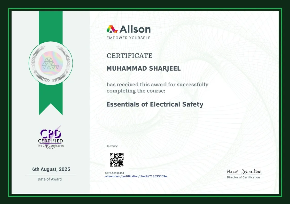 Alison certificate for Essentials of Electrical Safety, awarded to Muhammad Sharjeel on 6 August 2025.