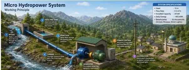 Micro hydropower design illustration showing intake, desilting tank, penstock, turbine, generator, controls and distribution.