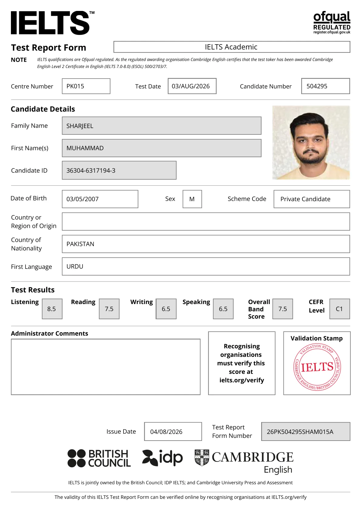 IELTS Academic Test Report Form for Muhammad Sharjeel, test date 3 August 2026, overall band 7.5.