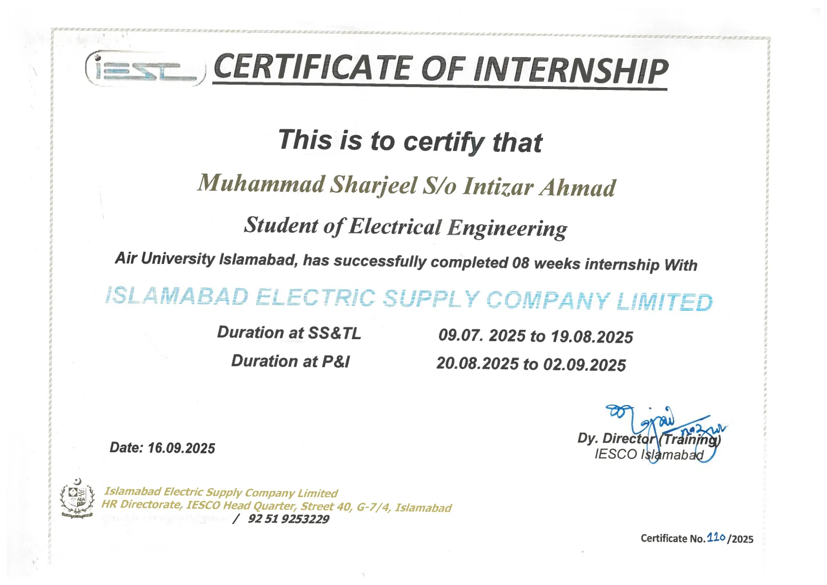 Upright IESCO internship certificate for Muhammad Sharjeel, documenting the 2025 SS&TL and P&I periods.