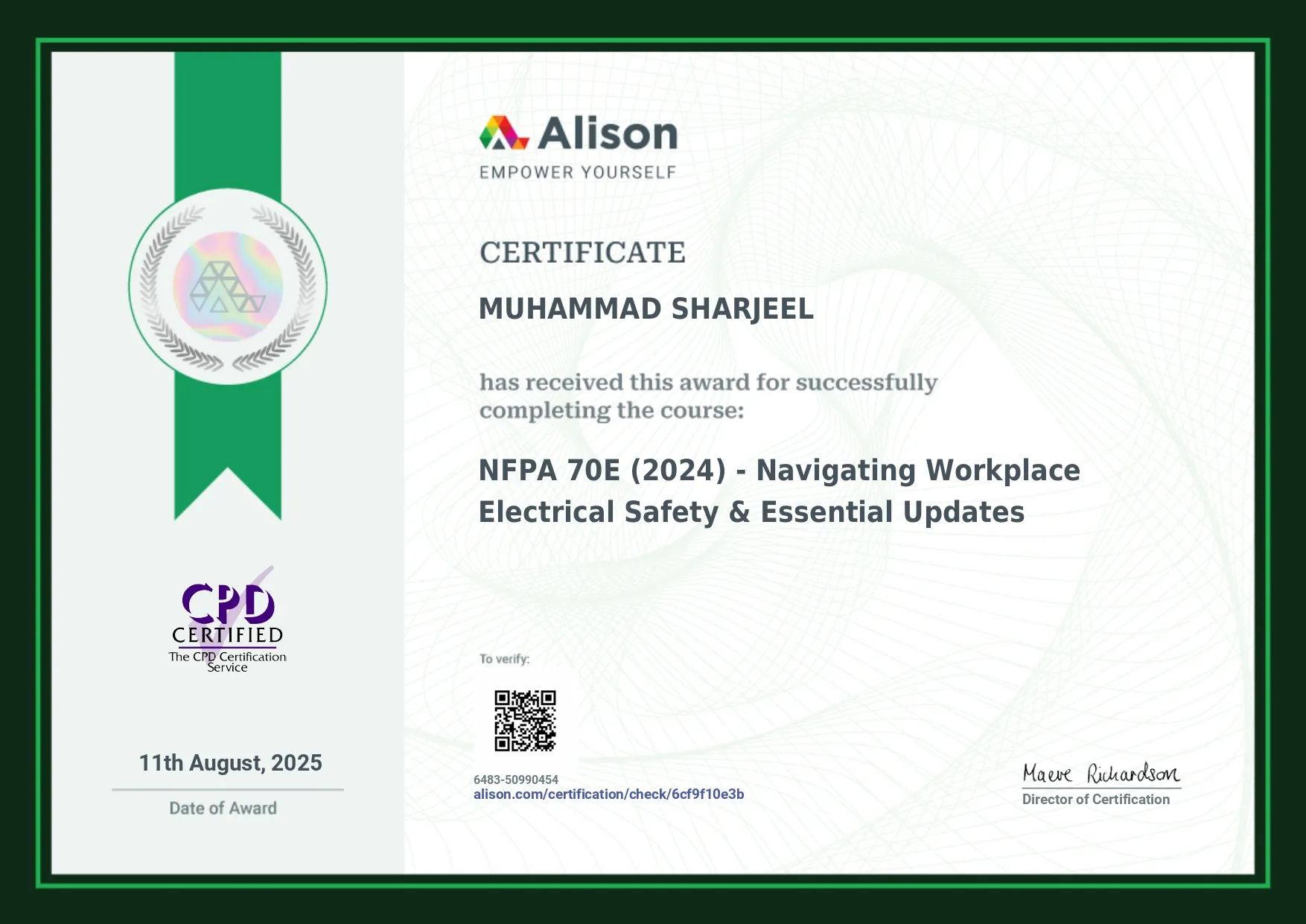 Alison certificate for NFPA 70E (2024) - Navigating Workplace Electrical Safety & Essential Updates, awarded to Muhammad Sharjeel on 11 August 2025.