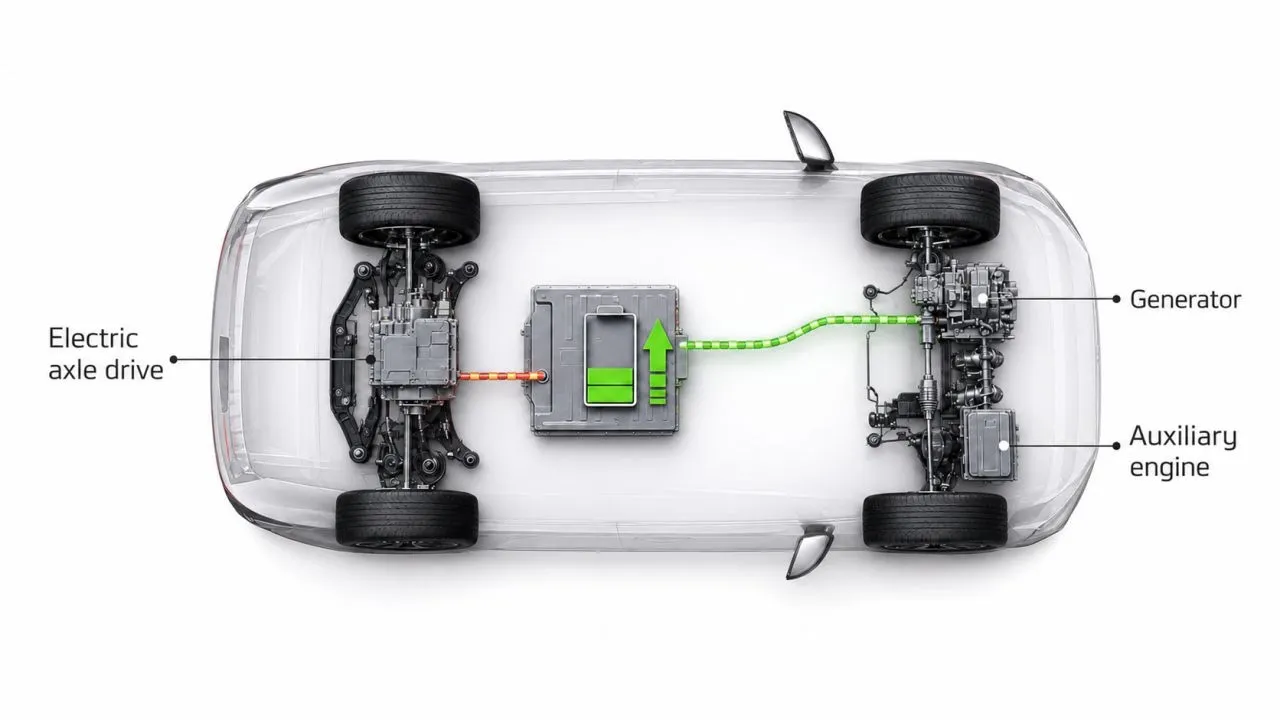 Cutaway vehicle illustration showing an electric axle drive, battery, generator and auxiliary engine.