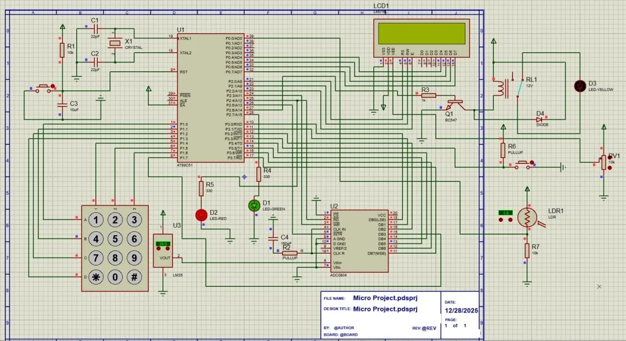 Proteus access-control schematic with AT89C51, keypad, LCD, LM35 sensor, ADC, LDR and relay.