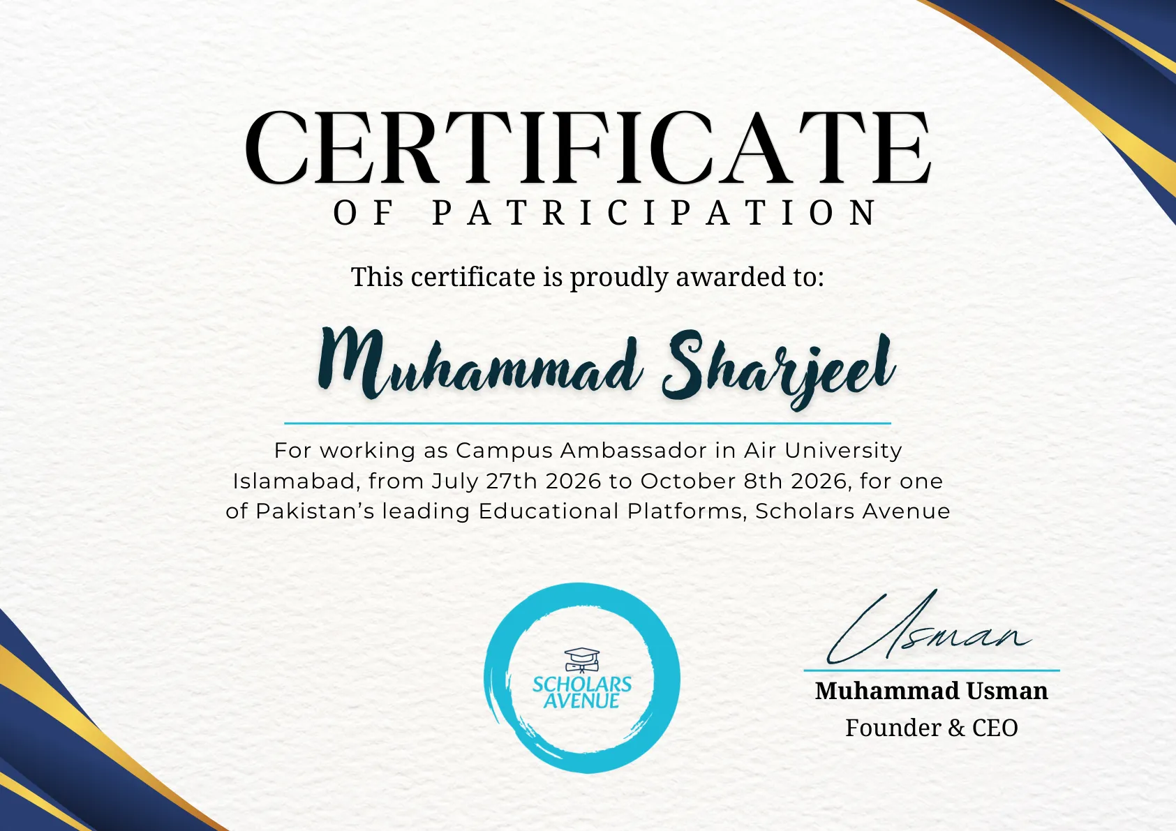 Scholars Avenue Certificate of Participation awarded to Muhammad Sharjeel for Campus Ambassador service at Air University, Islamabad.