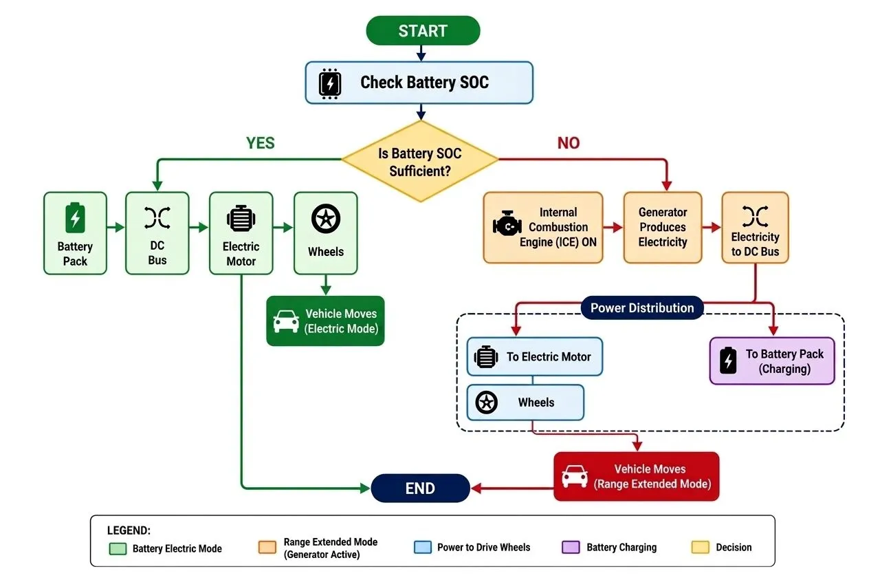 Flowchart for battery-state-of-charge decisions, electric driving and generator-supported range-extended operation.